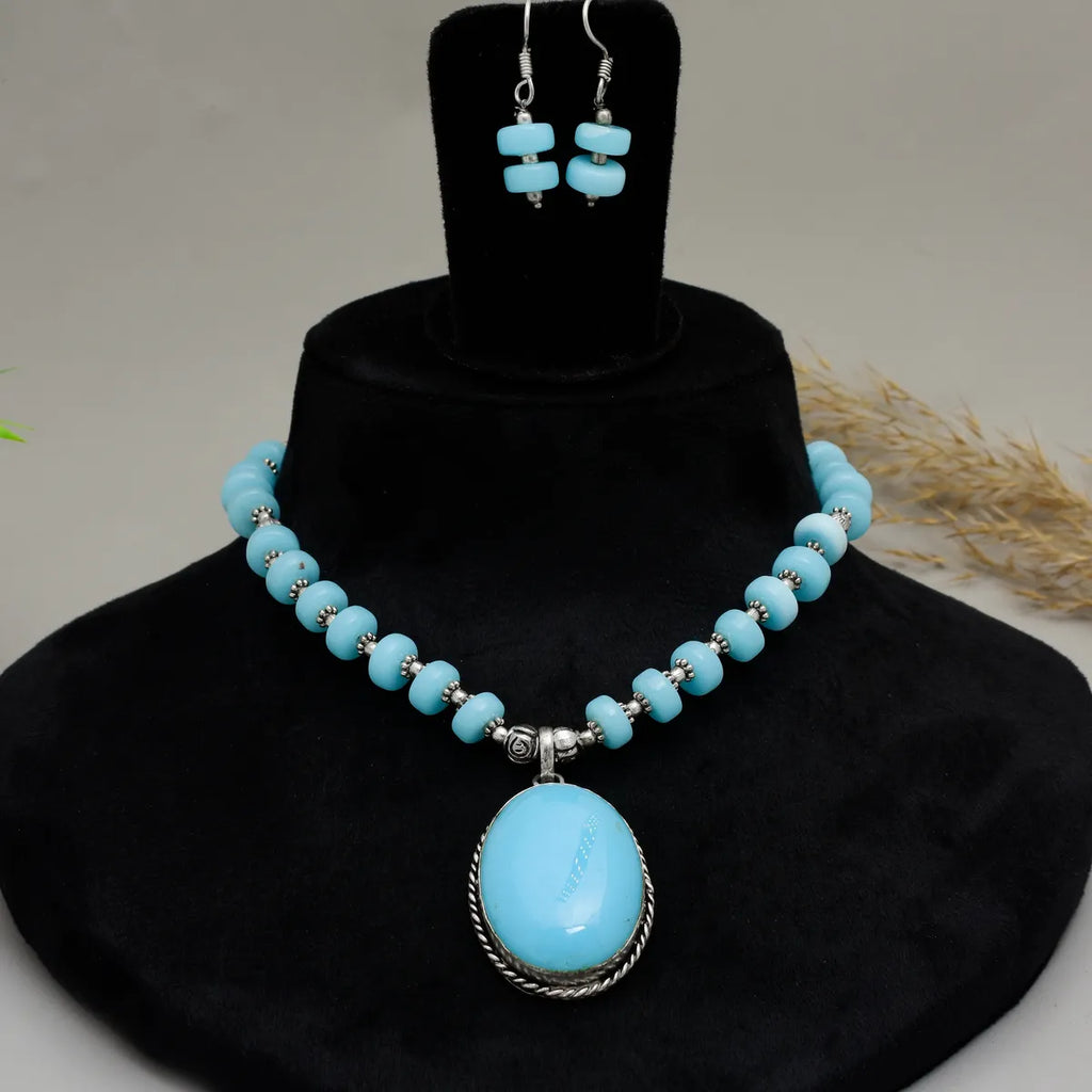 Firozi Brass Stone Oval Shape Handmade Necklace Set for Women