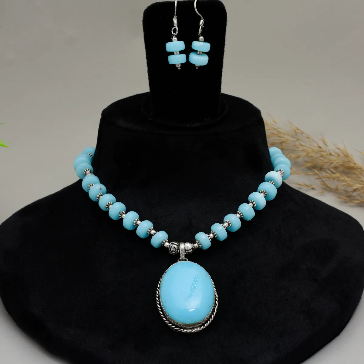 Firozi Brass Stone Oval Shape Handmade Necklace Set for Women